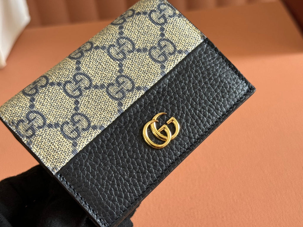 Gucci Marmont Bi-Colour Card Case Wallet 11 in Blue Beige Ebony Canvas Black Calfskin
