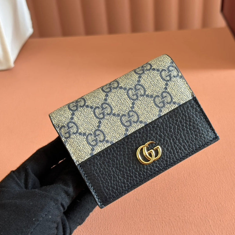 Gucci Marmont Bi-Colour Card Case Wallet 11 in Blue Beige Ebony Canvas Black Calfskin