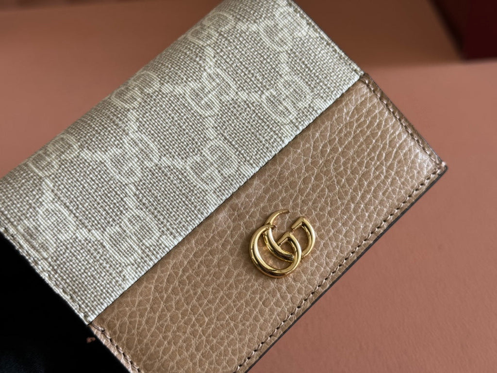 Gucci Marmont Bi-Colour Card Case Wallet 11 in Beige Ebony Canvas Brown Calfskin