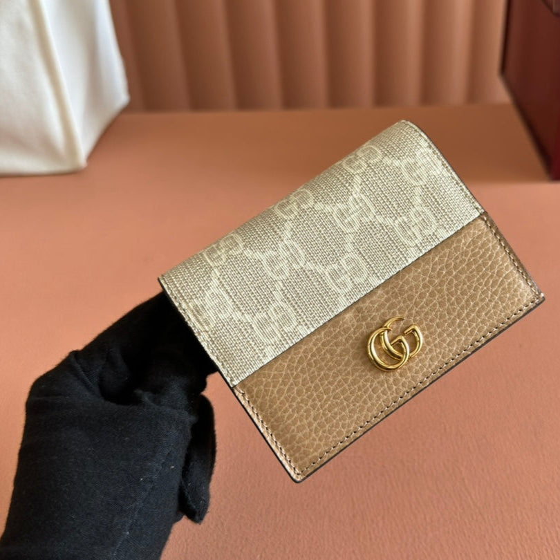 Gucci Marmont Bi-Colour Card Case Wallet 11 in Beige Ebony Canvas Brown Calfskin