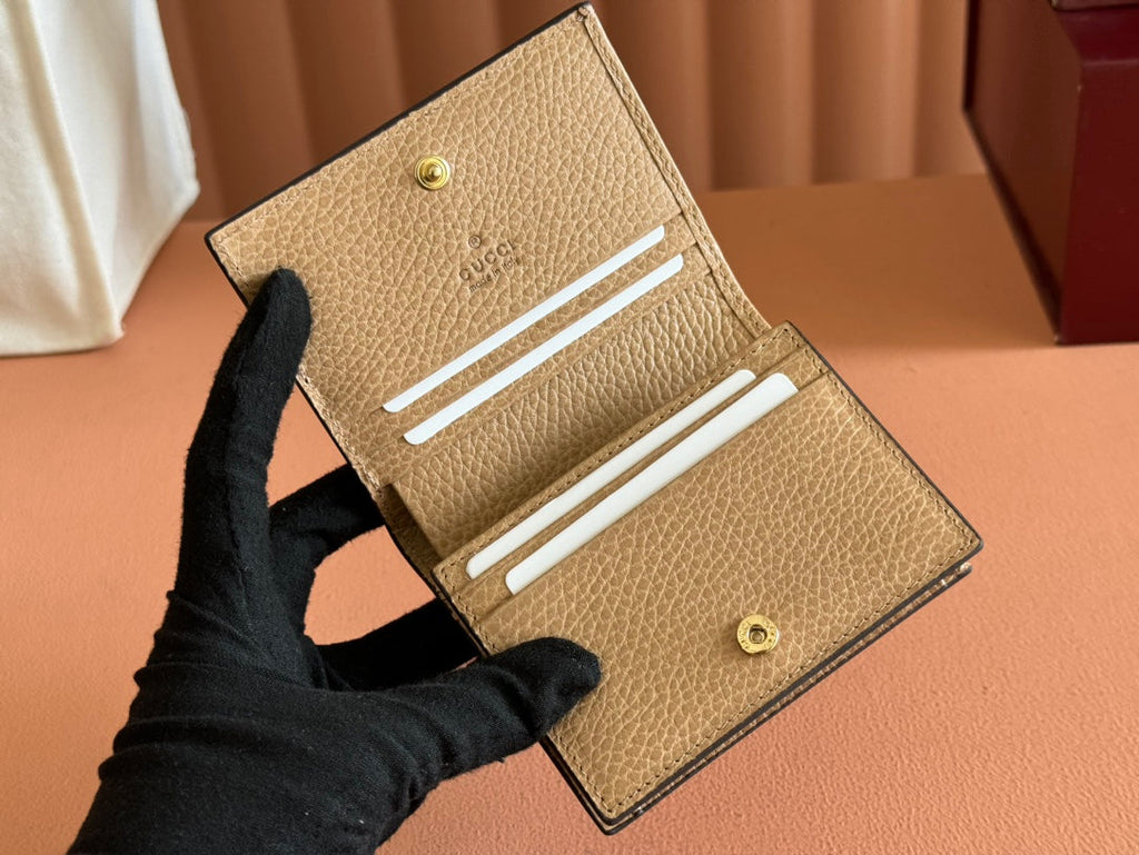 Gucci Marmont Bi-Colour Card Case Wallet 11 in Beige Ebony Canvas Brown Calfskin
