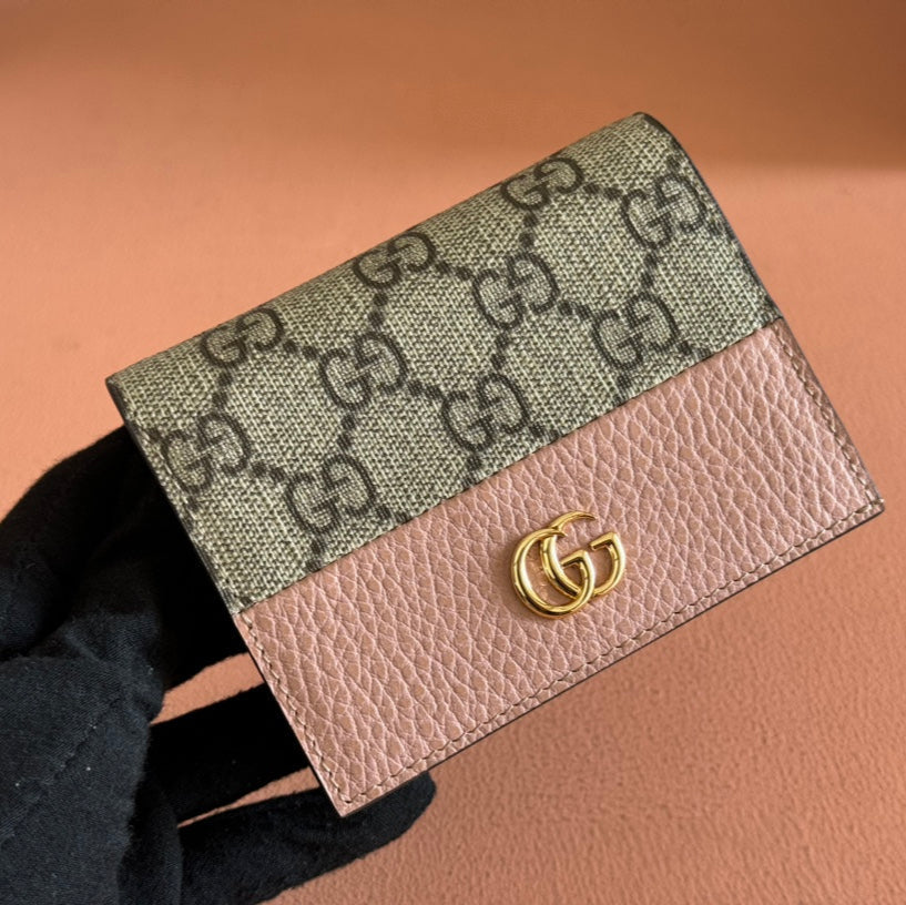 Gucci Marmont Bi-Colour Card Case Wallet 11 in Beige Ebony Canvas Pink Calfskin