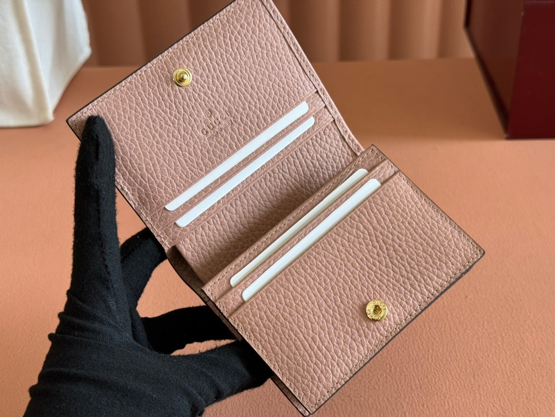 Gucci Marmont Bi-Colour Card Case Wallet 11 in Beige Ebony Canvas Pink Calfskin