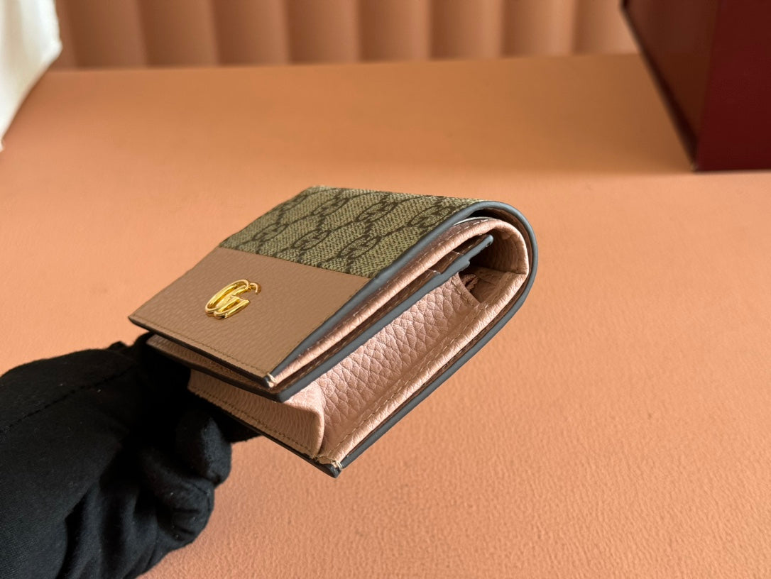 Gucci Marmont Bi-Colour Card Case Wallet 11 in Beige Ebony Canvas Pink Calfskin