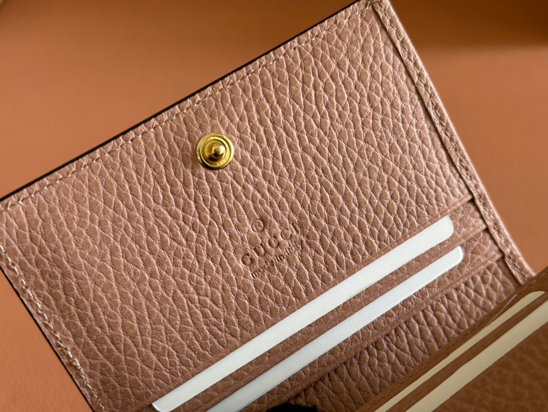 Gucci Marmont Bi-Colour Card Case Wallet 11 in Beige Ebony Canvas Pink Calfskin
