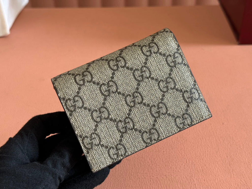 Gucci Marmont Bi-Colour Card Case Wallet 11 in Beige Ebony Canvas Pink Calfskin