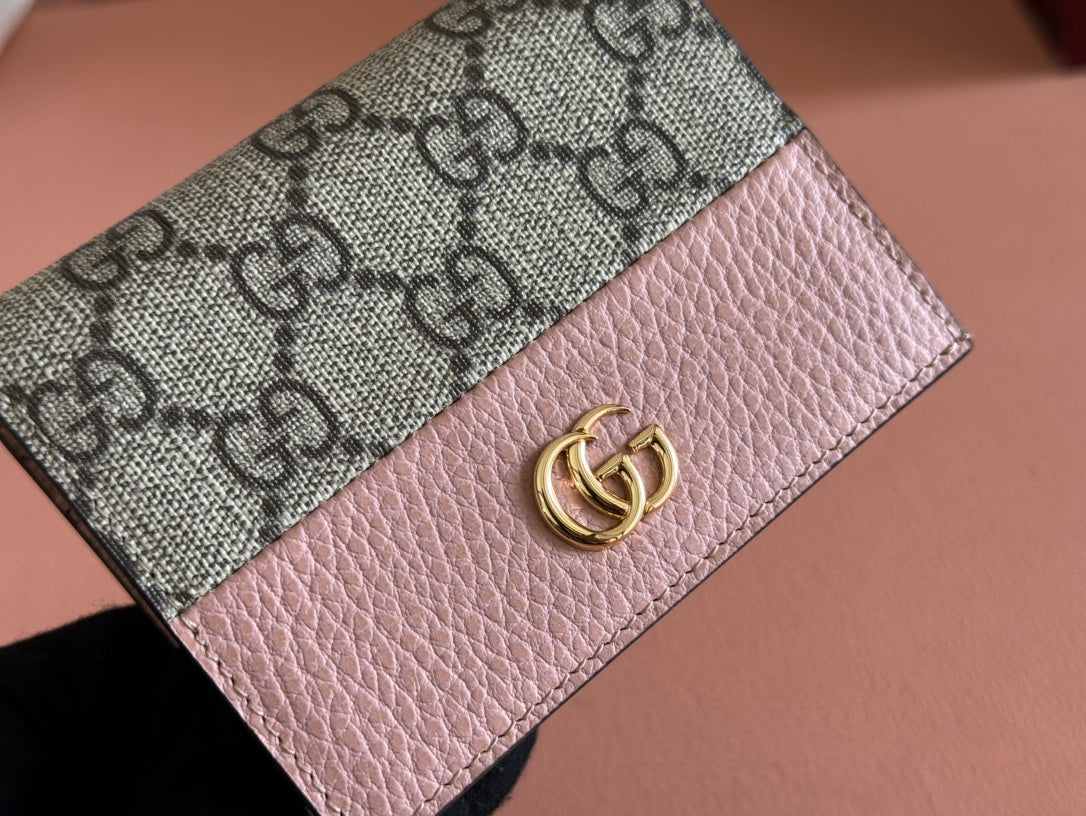 Gucci Marmont Bi-Colour Card Case Wallet 11 in Beige Ebony Canvas Pink Calfskin