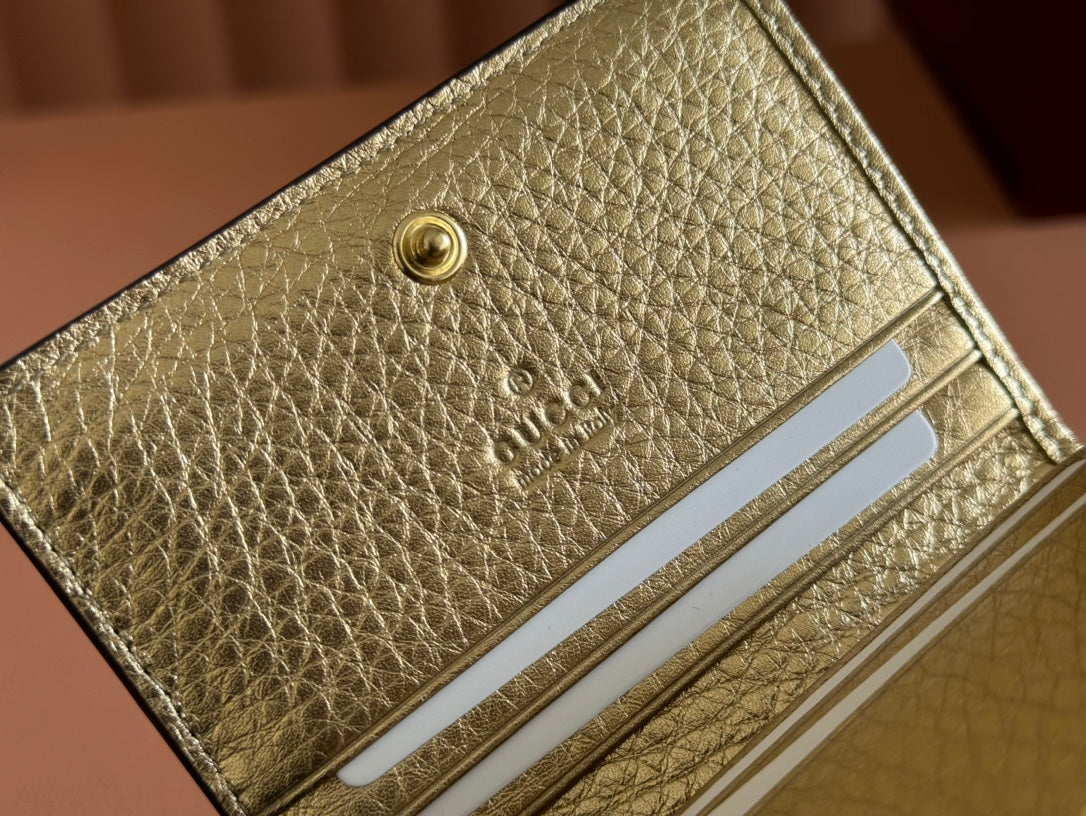 Gucci Marmont Bi-Colour Card Case Wallet 11 in Beige Ebony Canvas Gold Glossy Calfskin
