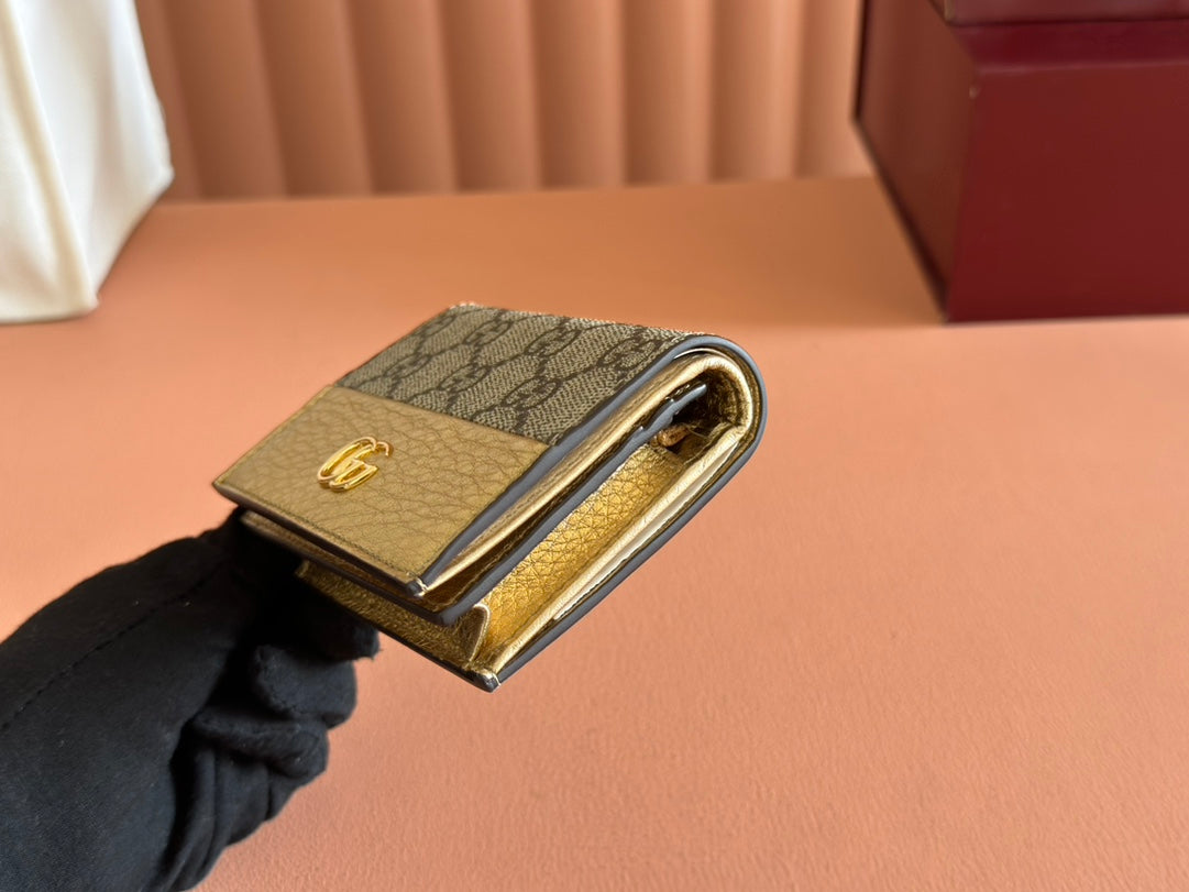 Gucci Marmont Bi-Colour Card Case Wallet 11 in Beige Ebony Canvas Gold Glossy Calfskin