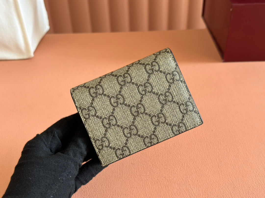 Gucci Marmont Bi-Colour Card Case Wallet 11 in Beige Ebony Canvas Gold Glossy Calfskin