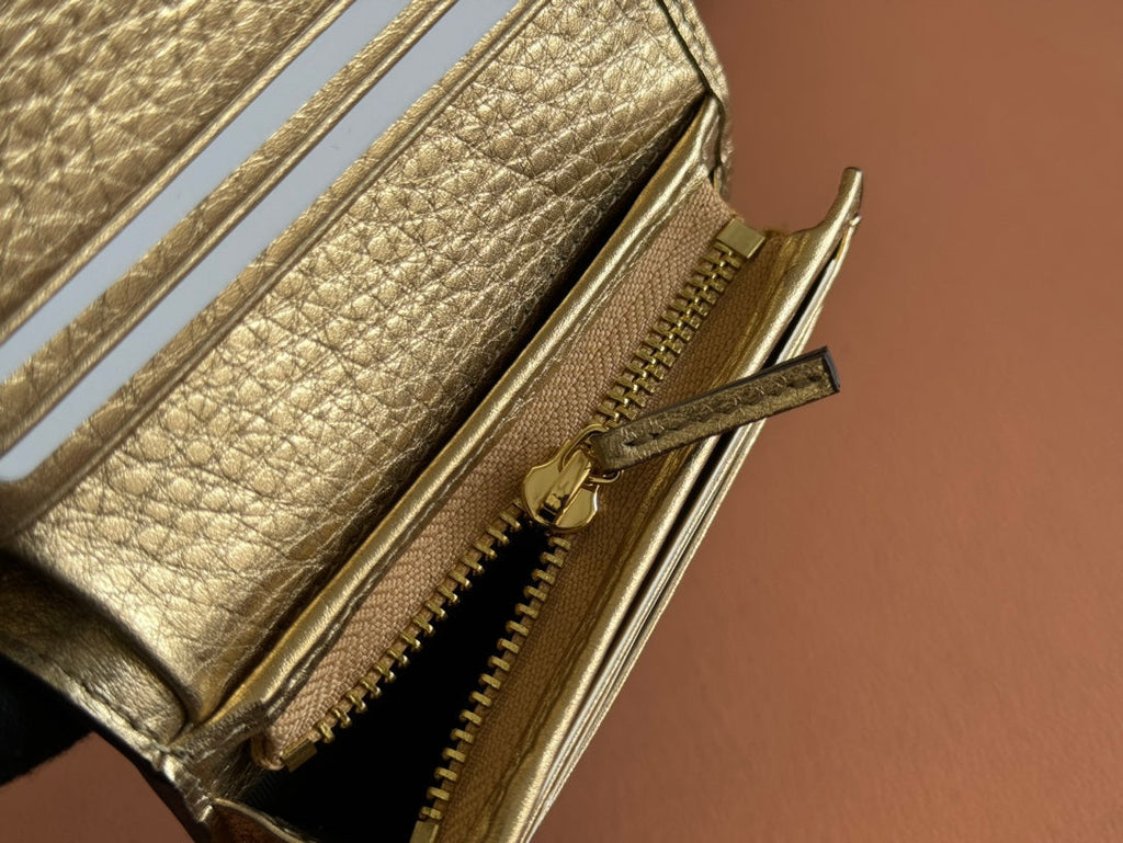 Gucci Marmont Bi-Colour Card Case Wallet 11 in Beige Ebony Canvas Gold Glossy Calfskin