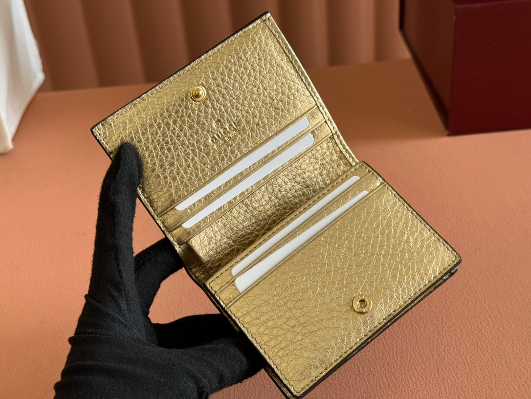 Gucci Marmont Bi-Colour Card Case Wallet 11 in Beige Ebony Canvas Gold Glossy Calfskin