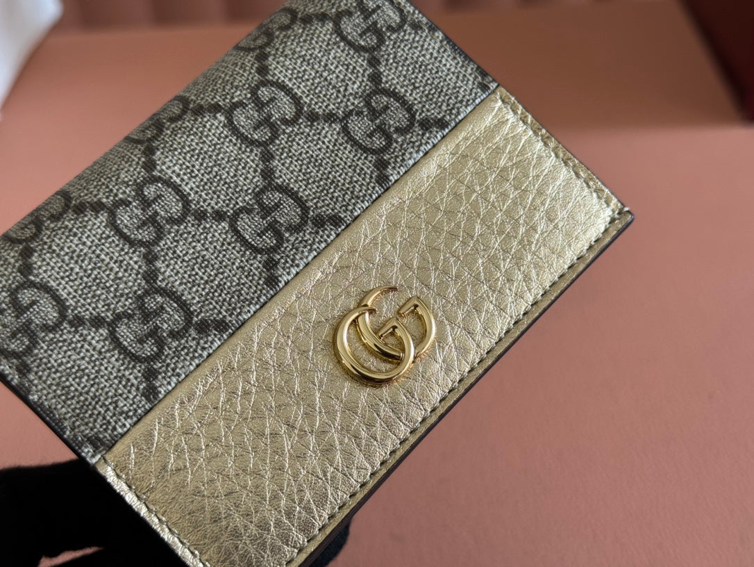 Gucci Marmont Bi-Colour Card Case Wallet 11 in Beige Ebony Canvas Gold Glossy Calfskin