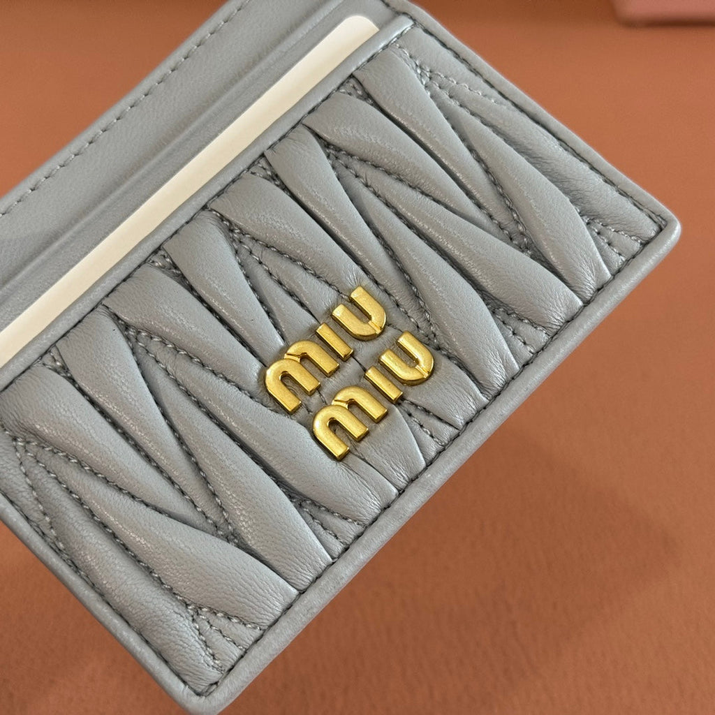 Matelassé Nappa Leather Card Holder Blue Gray