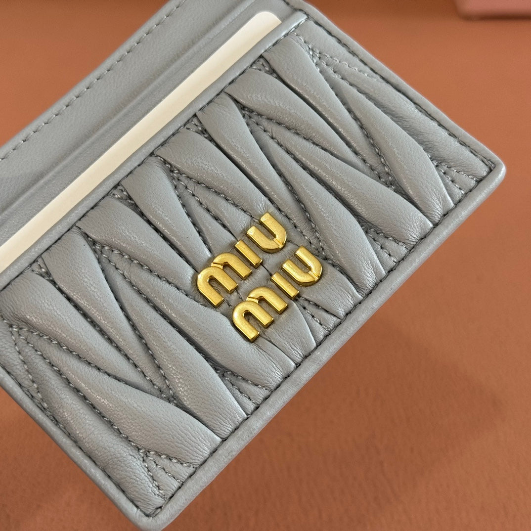 Matelassé Nappa Leather Card Holder Blue Gray