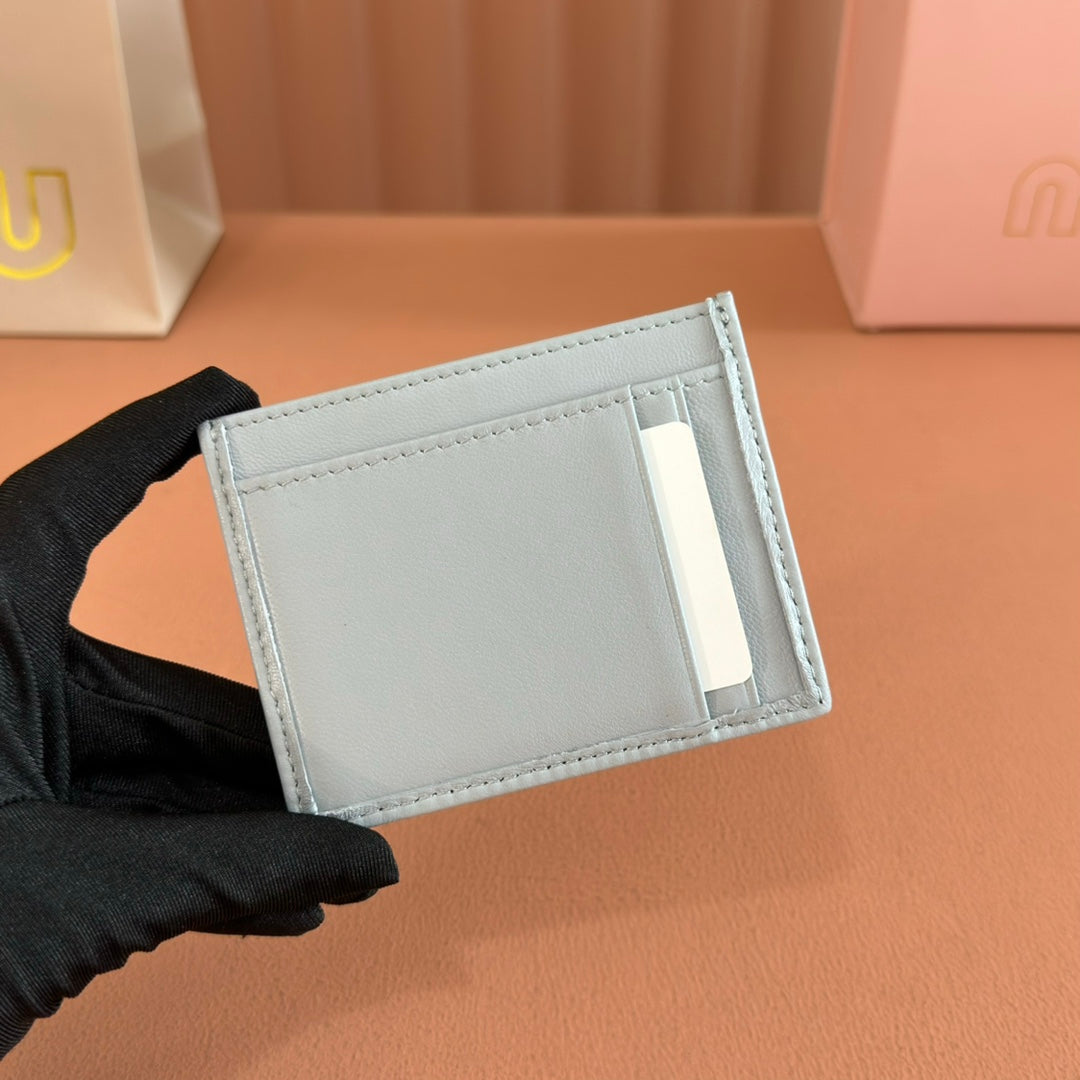 Matelassé Nappa Leather Card Holder Blue Gray