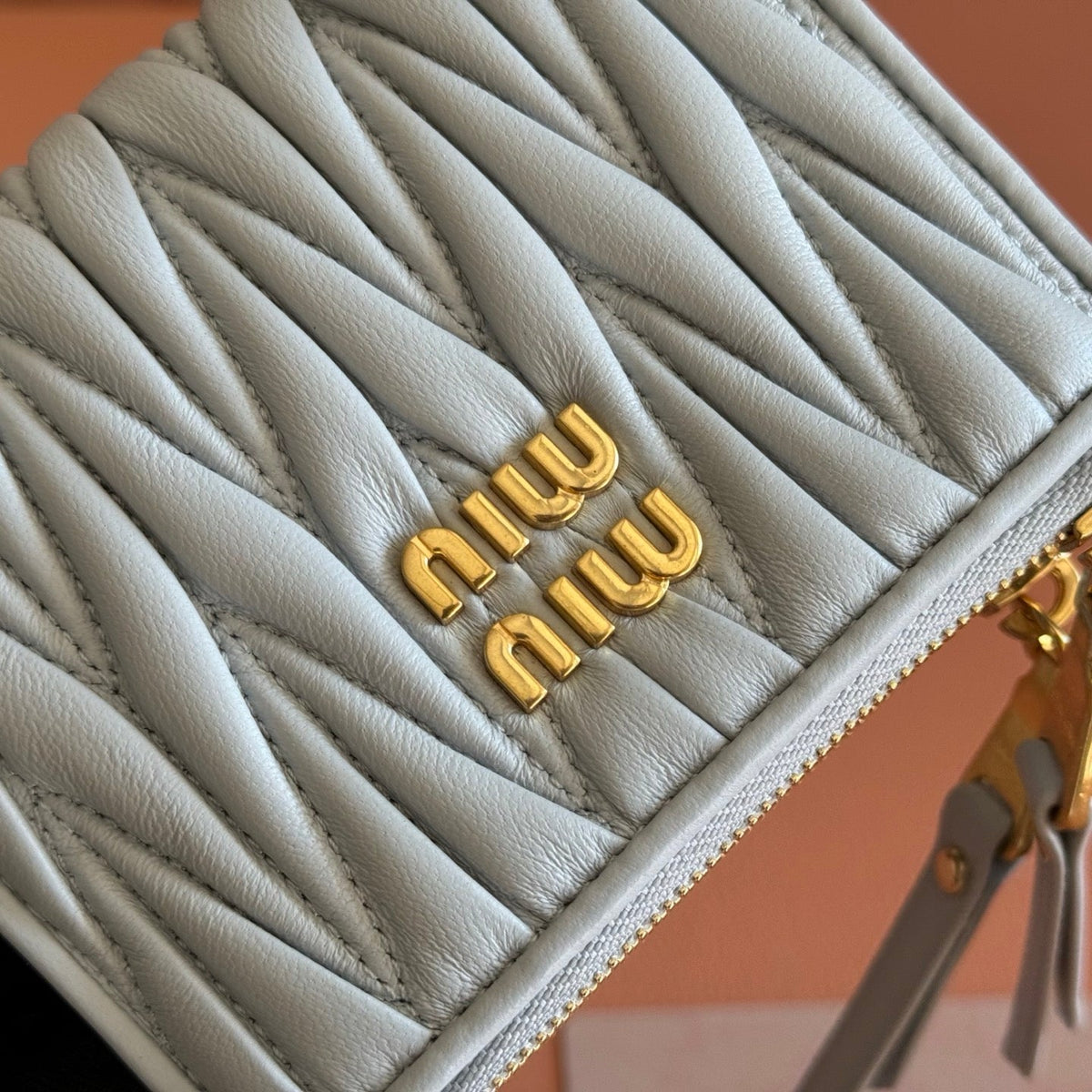 Miu Miu 26S Small Matelasse Card Holder 11 in Blue Gray Calfskin Gold Hardware