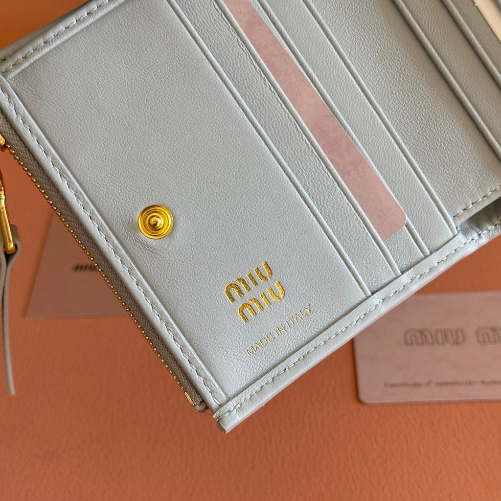Miu Miu 26S Small Matelasse Card Holder 11 in Blue Gray Calfskin Gold Hardware