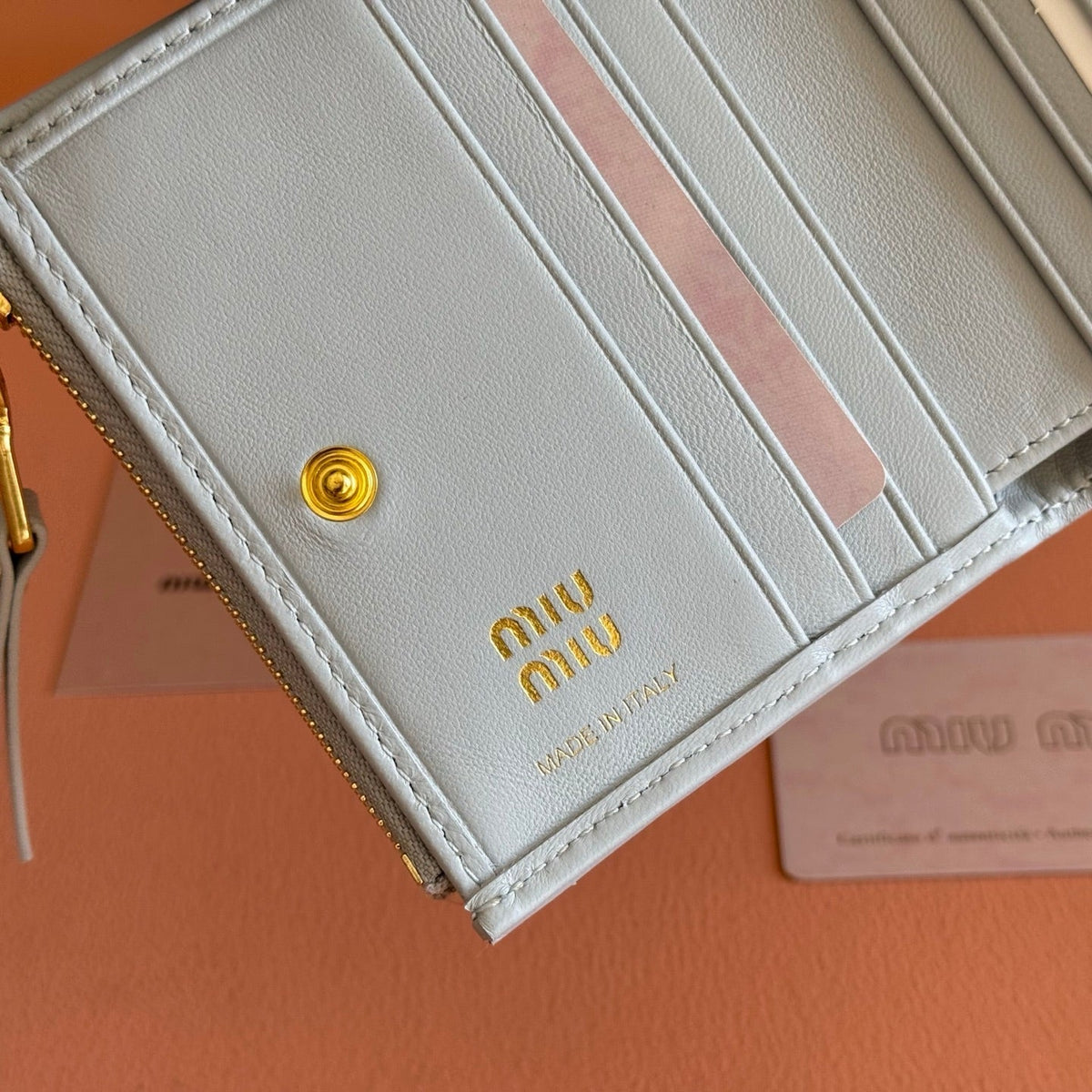 Miu Miu 26S Small Matelasse Card Holder 11 in Blue Gray Calfskin Gold Hardware