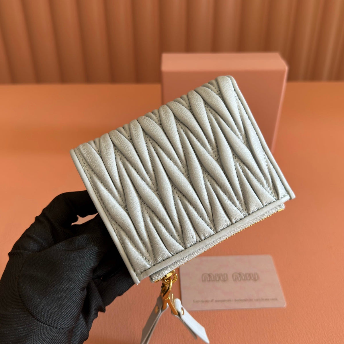 Miu Miu 26S Small Matelasse Card Holder 11 in Blue Gray Calfskin Gold Hardware