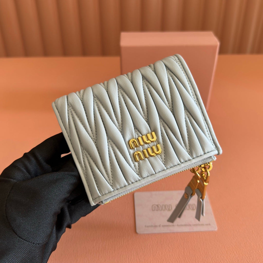 Miu Miu 26S Small Matelasse Card Holder 11 in Blue Gray Calfskin Gold Hardware