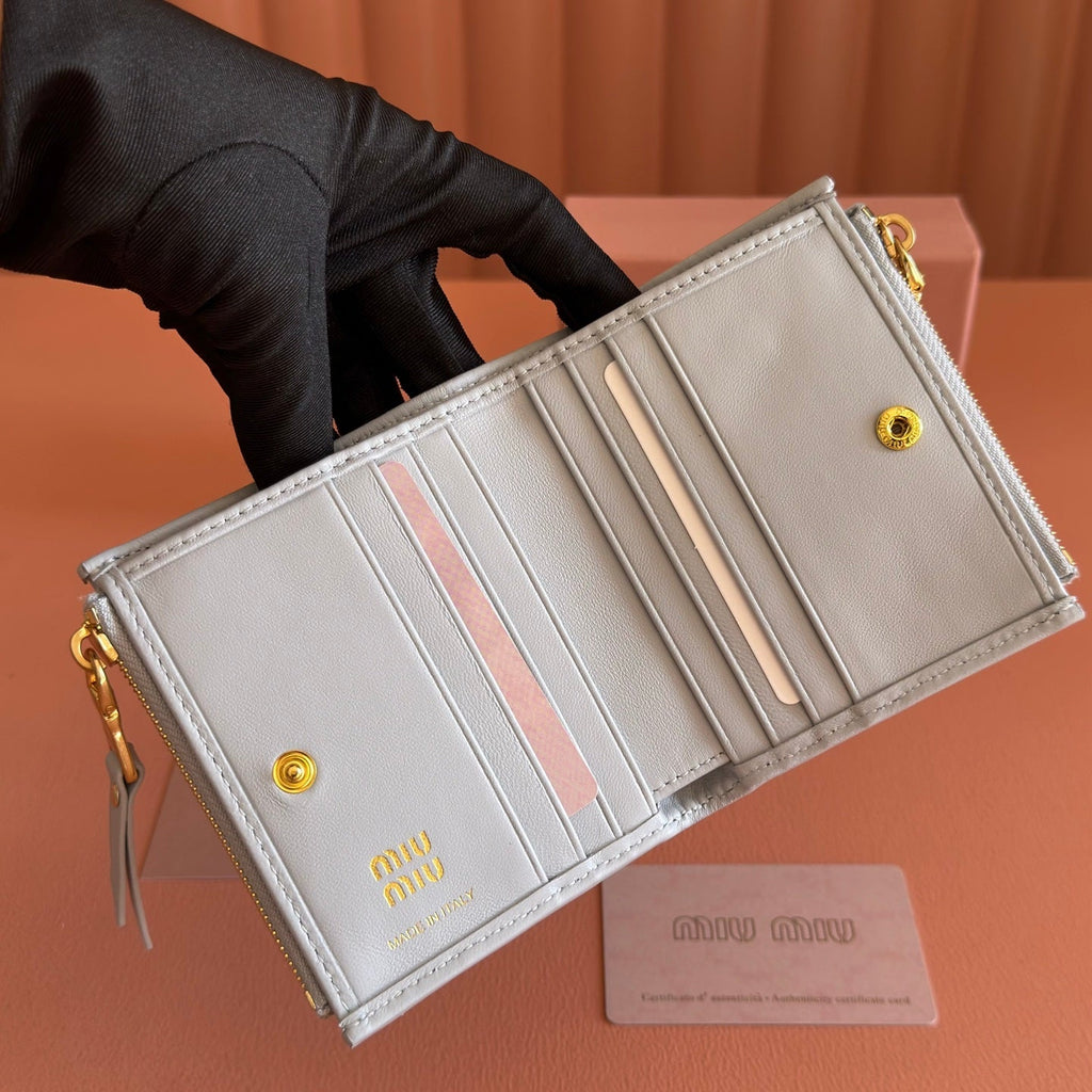 Miu Miu 26S Small Matelasse Card Holder 11 in Blue Gray Calfskin Gold Hardware