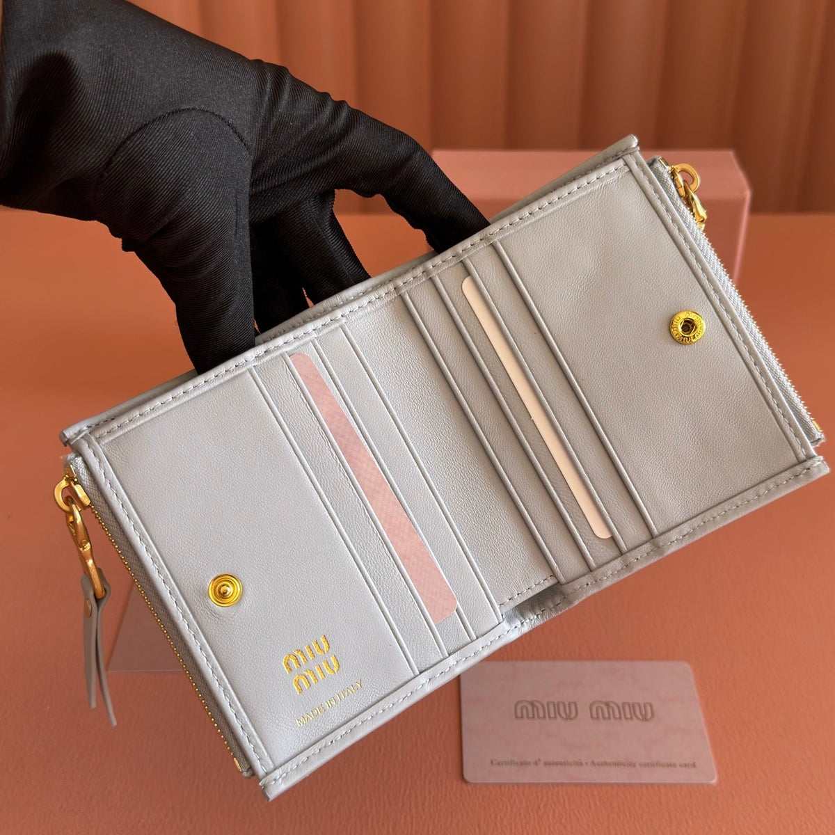 Miu Miu 26S Small Matelasse Card Holder 11 in Blue Gray Calfskin Gold Hardware