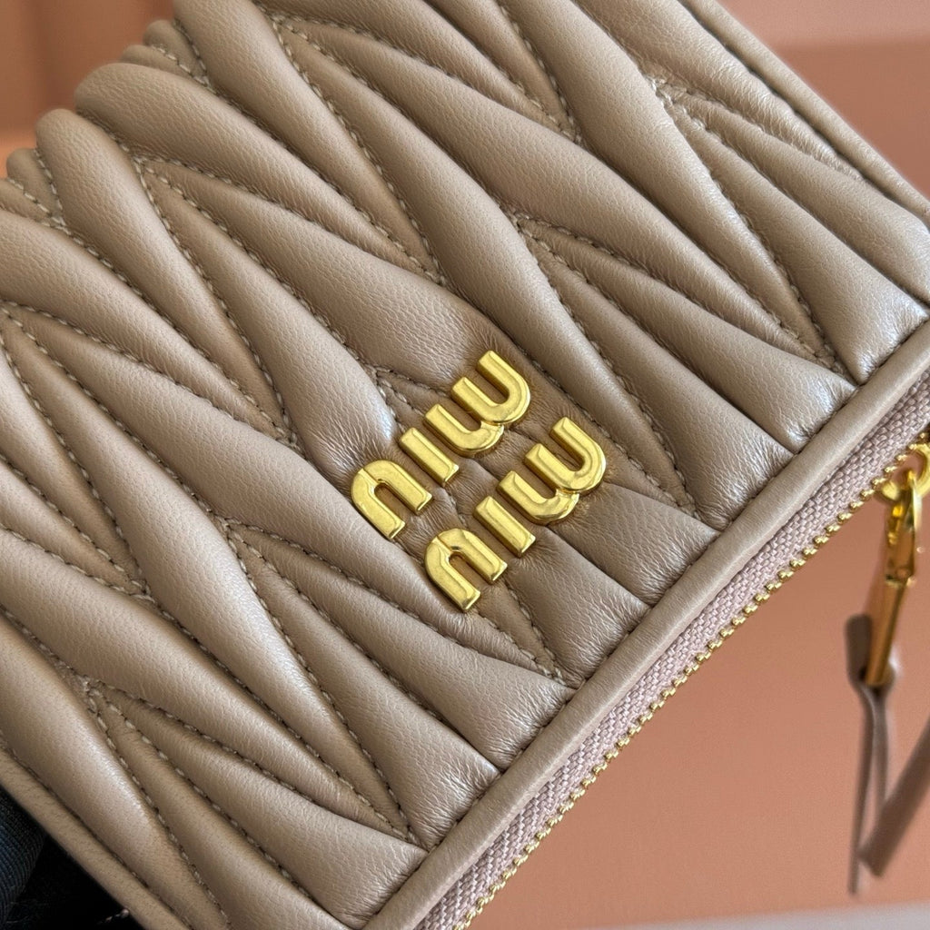 Miu Miu 26S Small Matelasse Card Holder 11 in Light Brown Calfskin Gold Hardware