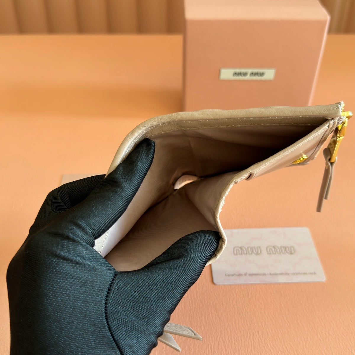 Miu Miu 26S Small Matelasse Card Holder 11 in Light Brown Calfskin Gold Hardware