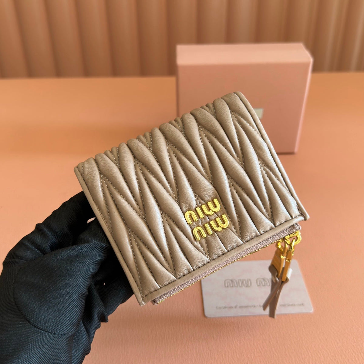 Miu Miu 26S Small Matelasse Card Holder 11 in Light Brown Calfskin Gold Hardware