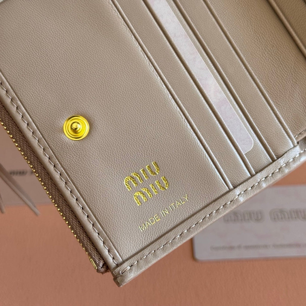 Miu Miu 26S Small Matelasse Card Holder 11 in Light Brown Calfskin Gold Hardware