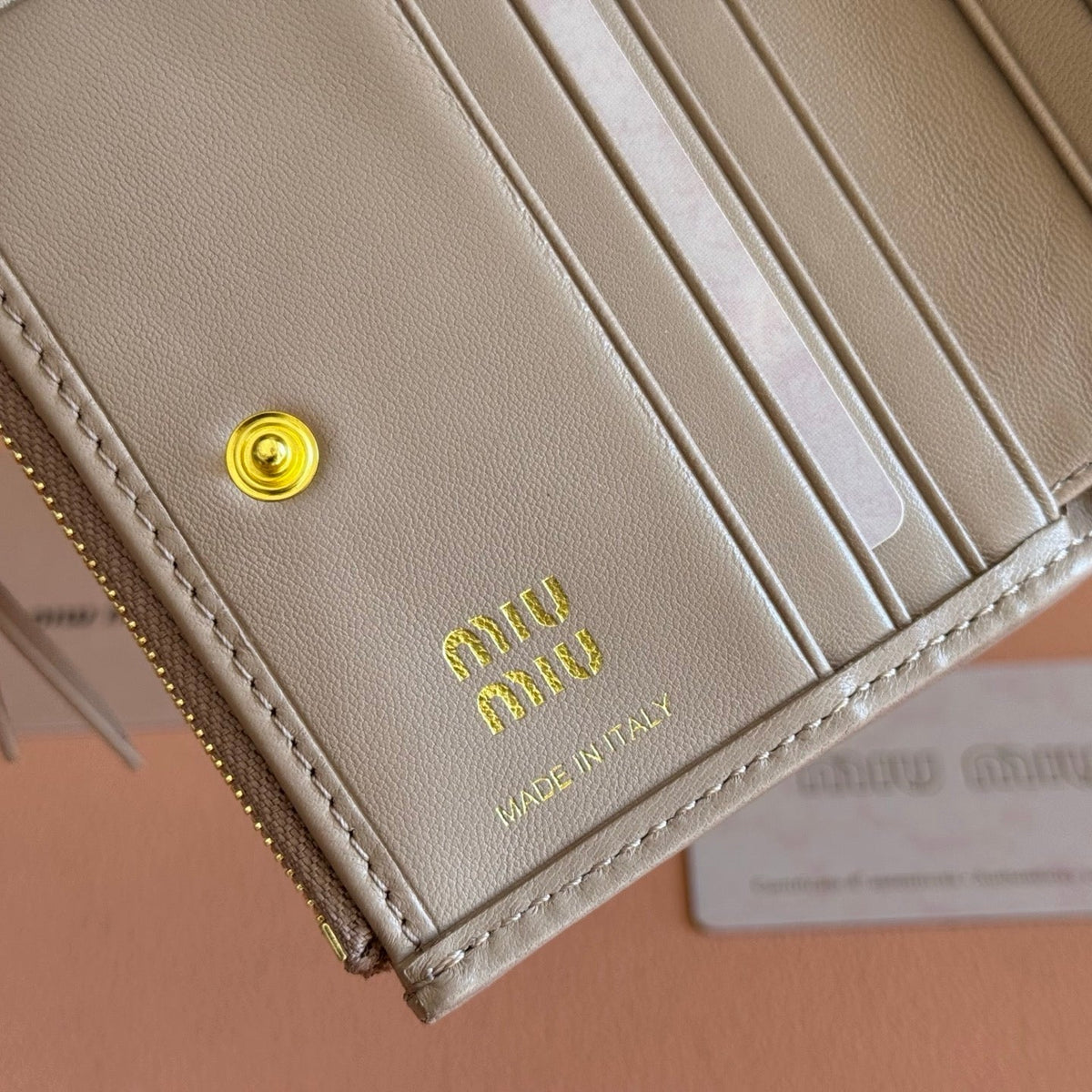 Miu Miu 26S Small Matelasse Card Holder 11 in Light Brown Calfskin Gold Hardware
