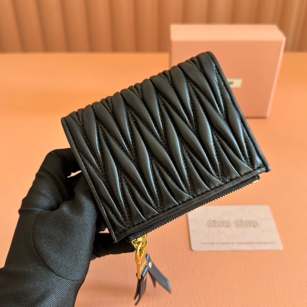 Miu Miu 26S Small Matelasse Card Holder 11 in Black Calfskin Gold Hardware