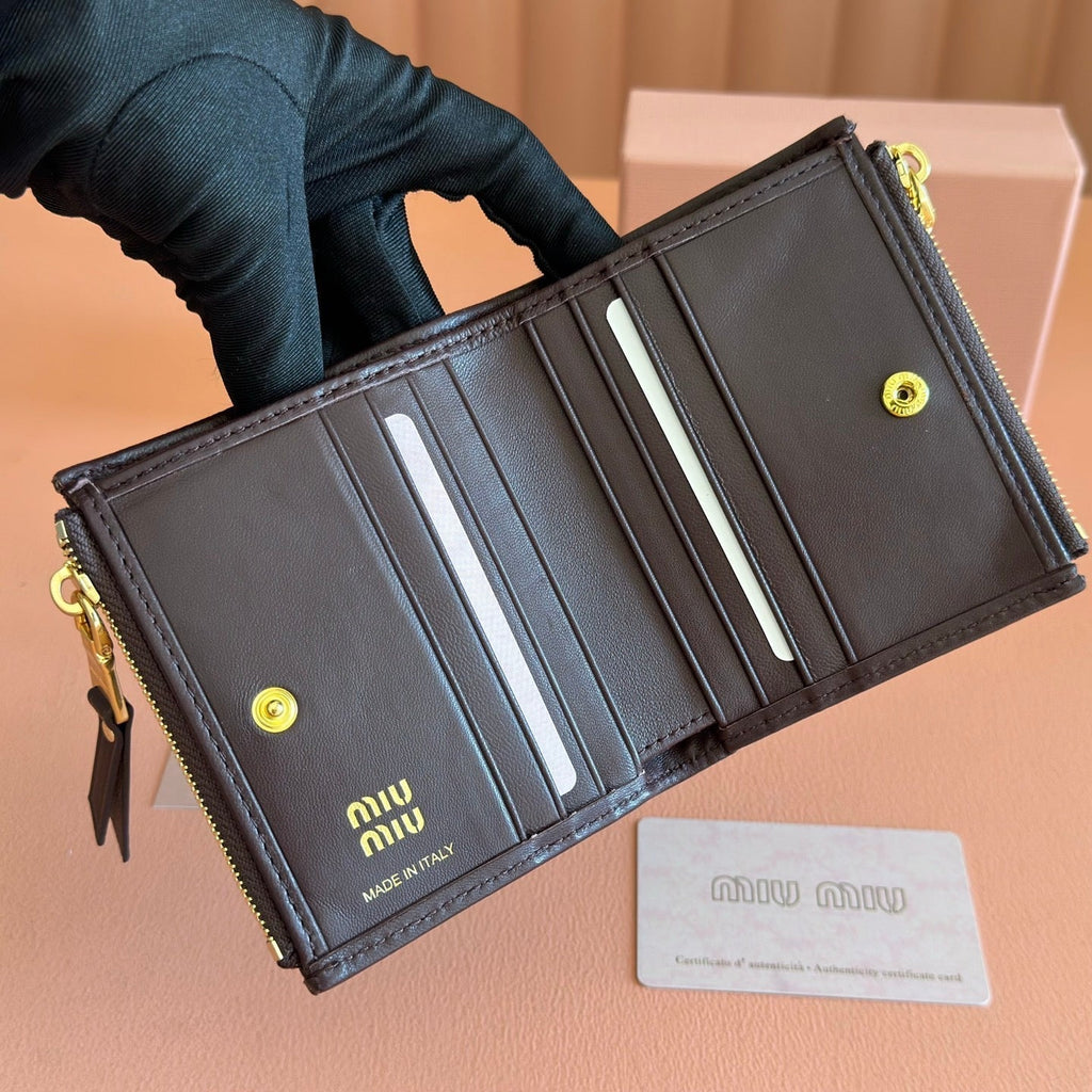 Miu Miu 26S Small Matelasse Card Holder 11 in Dark Brown Calfskin Gold Hardware