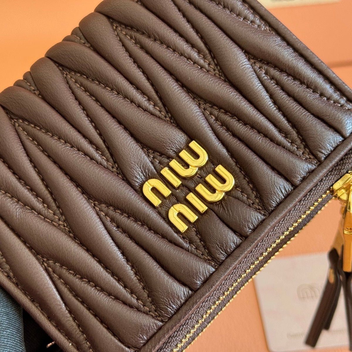 Miu Miu 26S Small Matelasse Card Holder 11 in Dark Brown Calfskin Gold Hardware