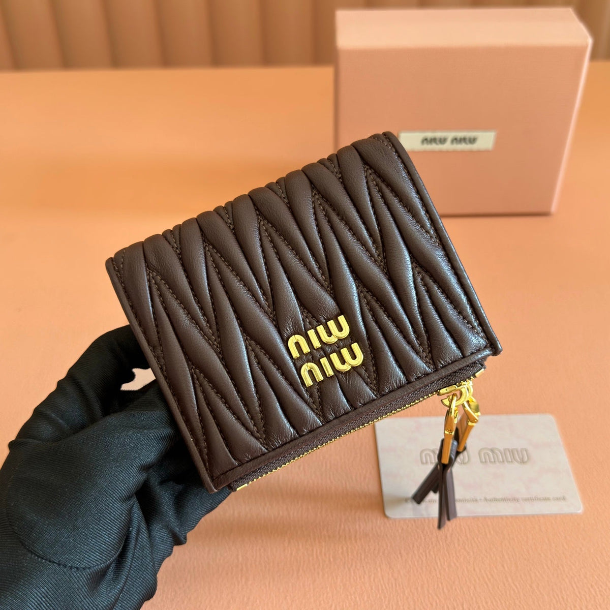 Miu Miu 26S Small Matelasse Card Holder 11 in Dark Brown Calfskin Gold Hardware