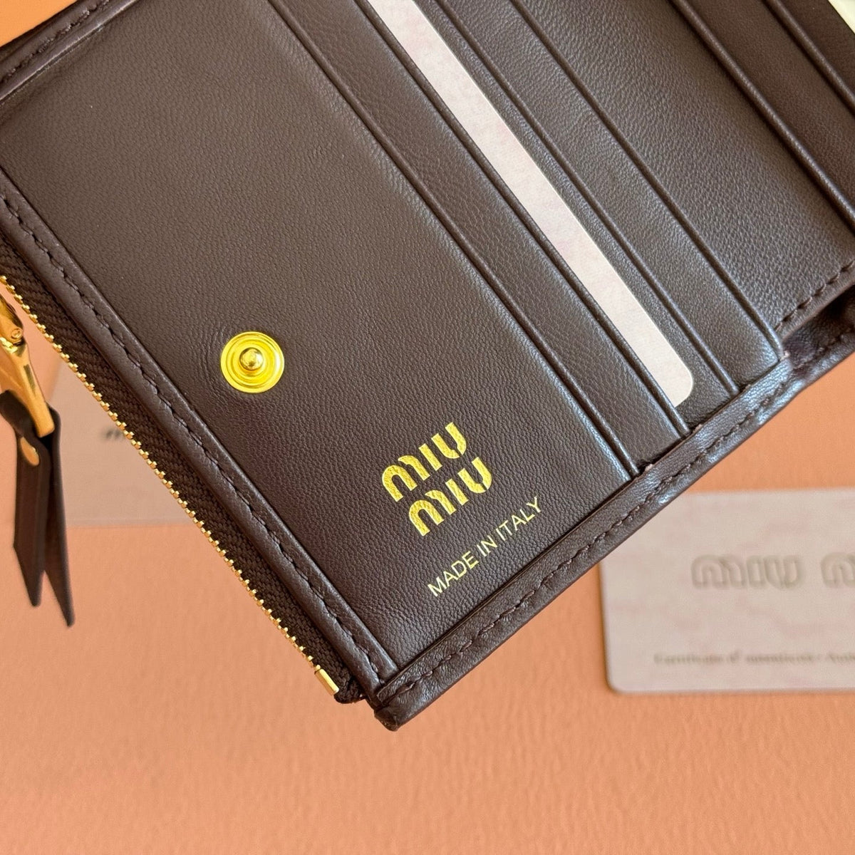 Miu Miu 26S Small Matelasse Card Holder 11 in Dark Brown Calfskin Gold Hardware