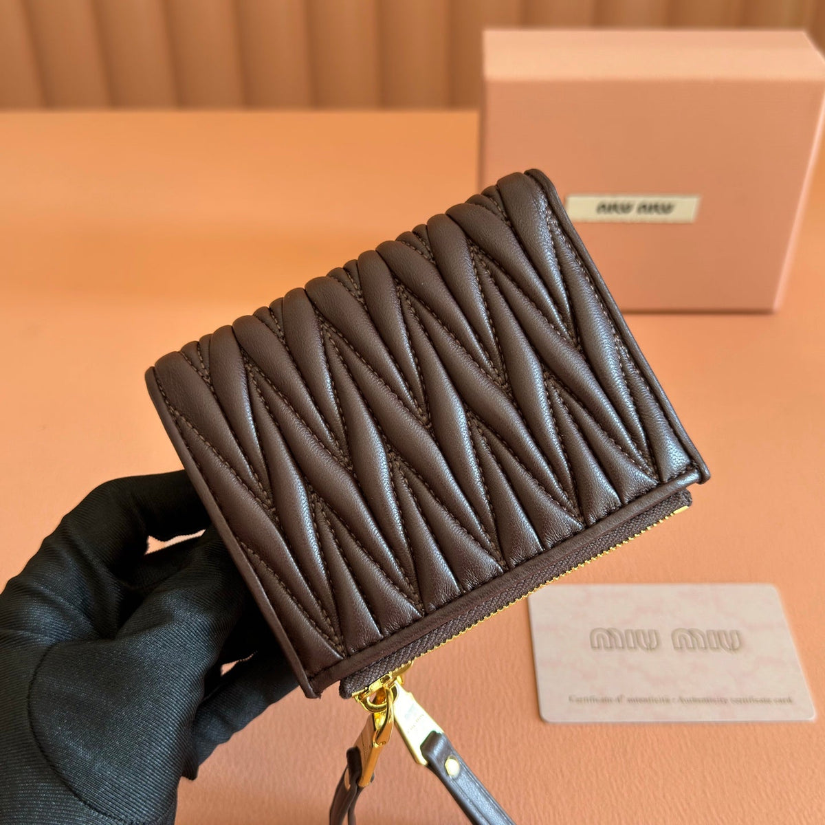 Miu Miu 26S Small Matelasse Card Holder 11 in Dark Brown Calfskin Gold Hardware