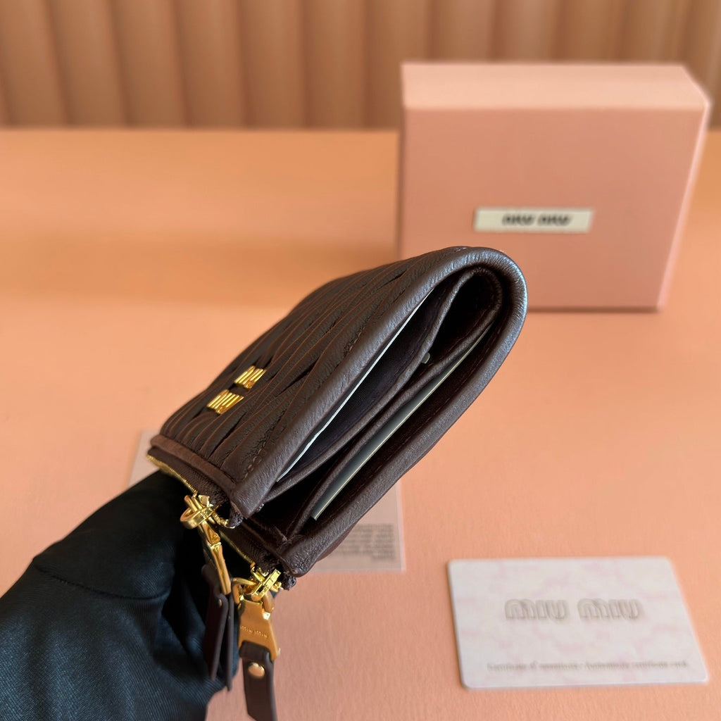 Miu Miu 26S Small Matelasse Card Holder 11 in Dark Brown Calfskin Gold Hardware