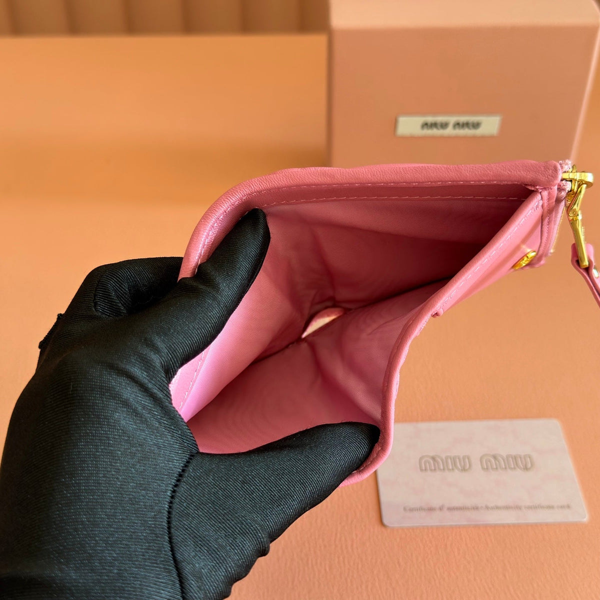 Miu Miu 26S Small Matelasse Card Holder 11 in Pink Calfskin Gold Hardware