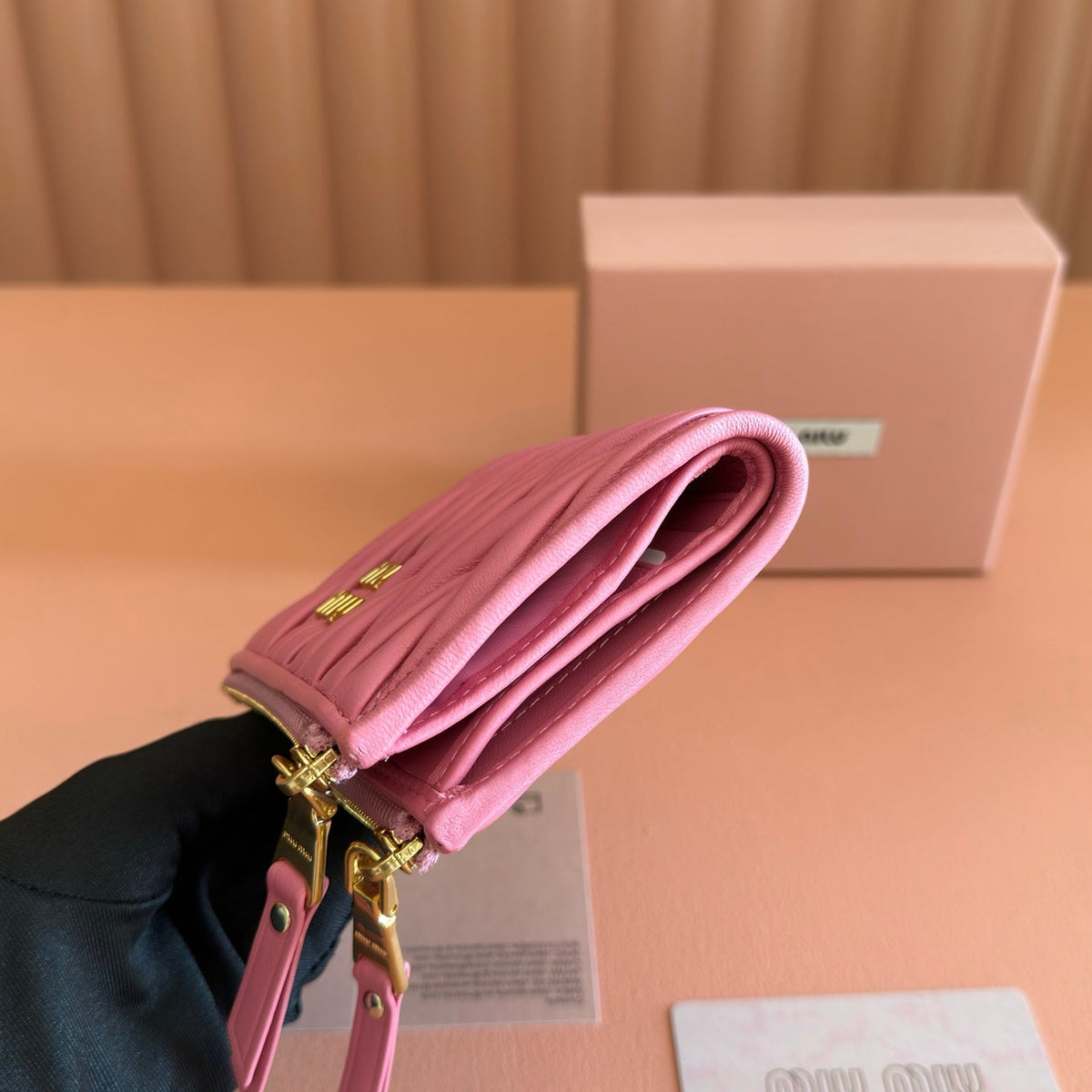 Miu Miu 26S Small Matelasse Card Holder 11 in Pink Calfskin Gold Hardware