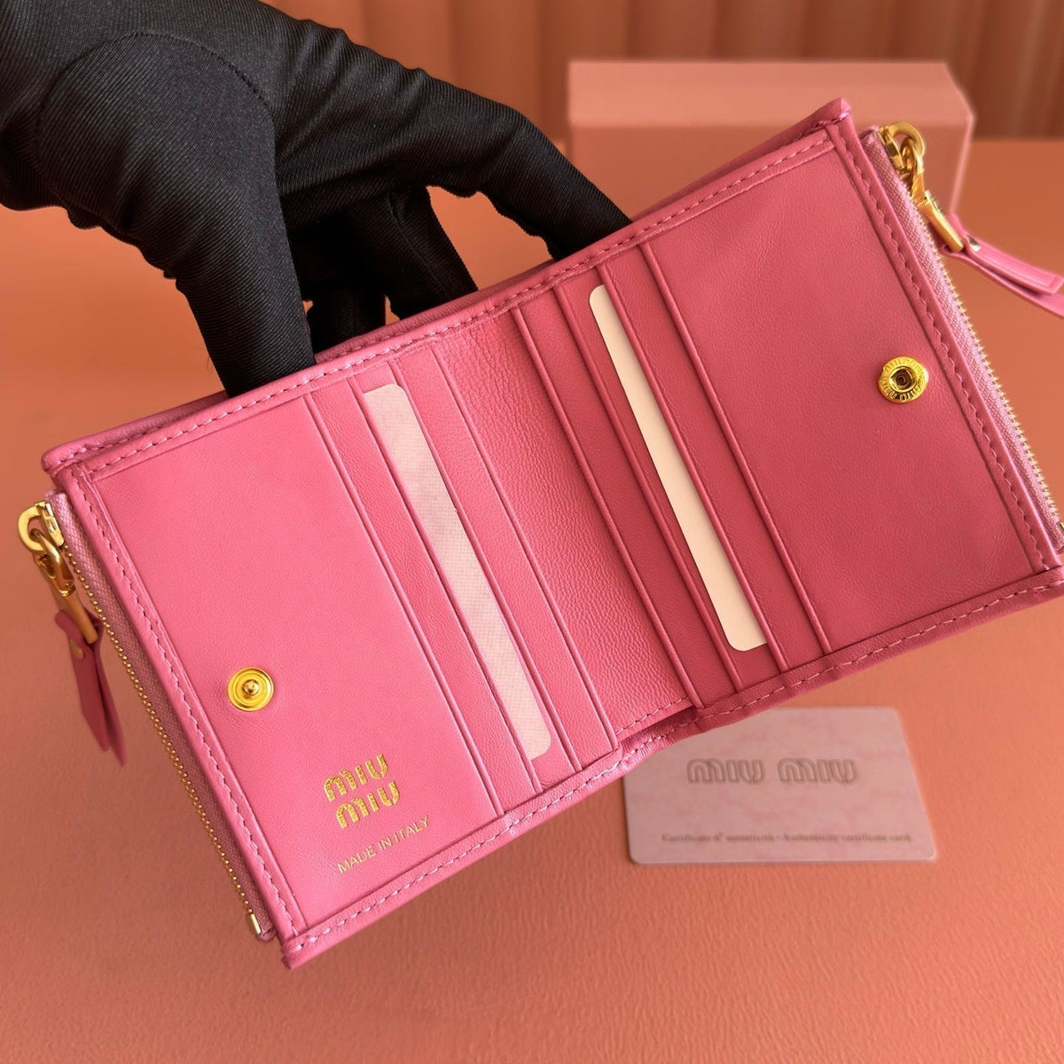 Miu Miu 26S Small Matelasse Card Holder 11 in Pink Calfskin Gold Hardware