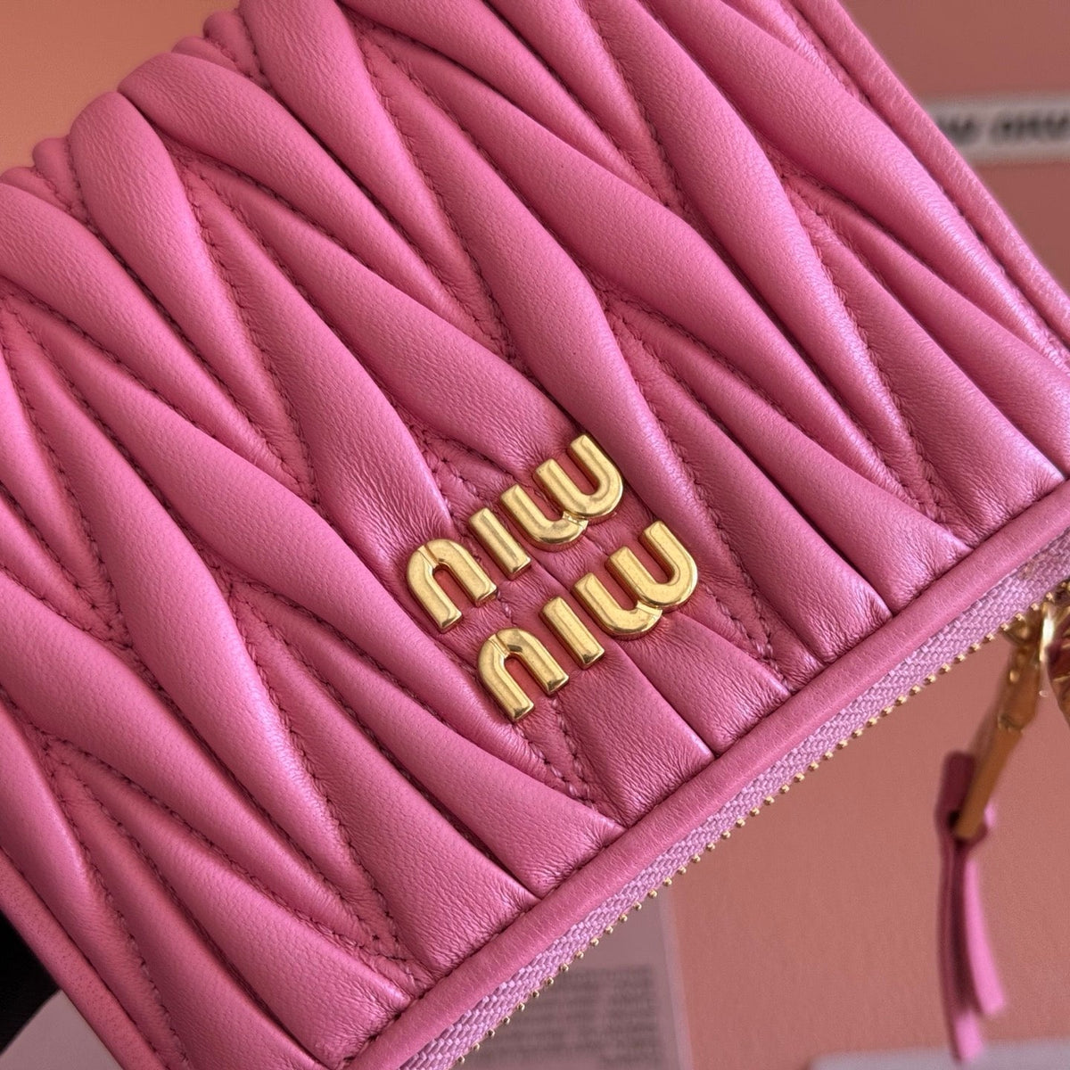 Miu Miu 26S Small Matelasse Card Holder 11 in Pink Calfskin Gold Hardware