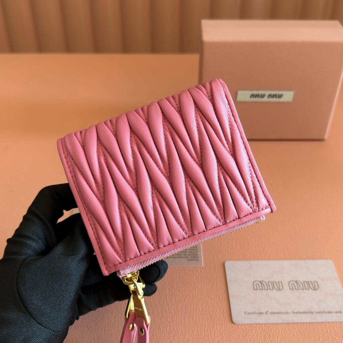 Miu Miu 26S Small Matelasse Card Holder 11 in Pink Calfskin Gold Hardware