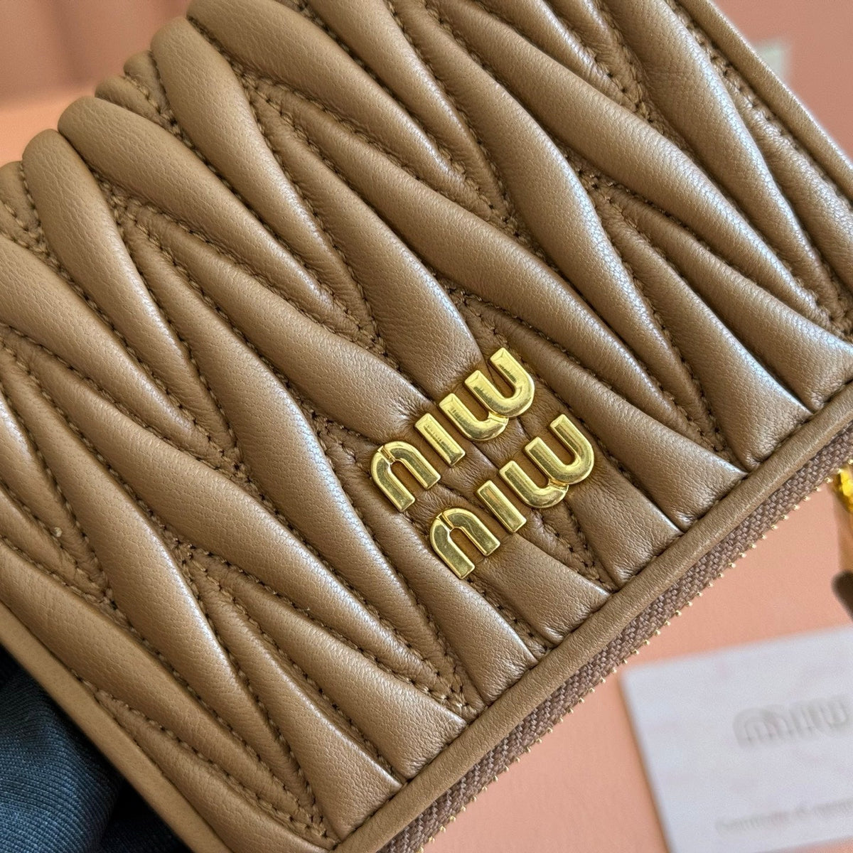 Miu Miu 26S Small Matelasse Card Holder 11 in Brown Calfskin Gold Hardware