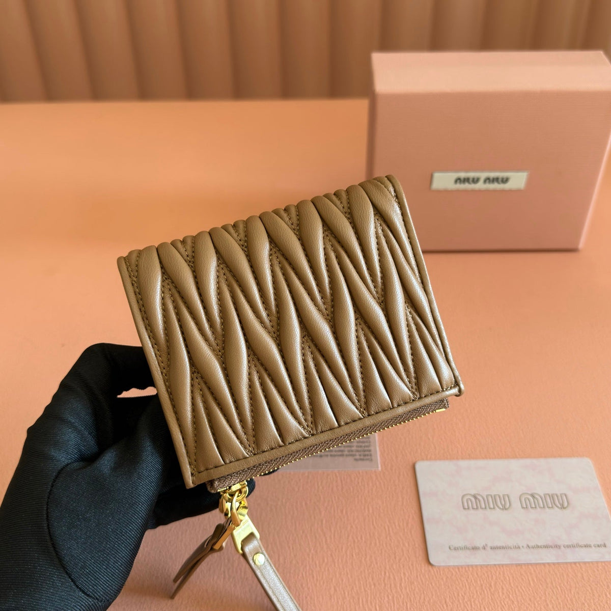 Miu Miu 26S Small Matelasse Card Holder 11 in Brown Calfskin Gold Hardware