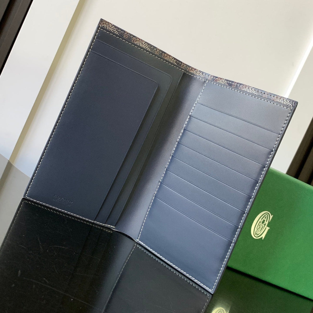 Goyard Richelieu Checkbook Wallet 19 in Navy Blue Goyardine Canvas and Calfskin