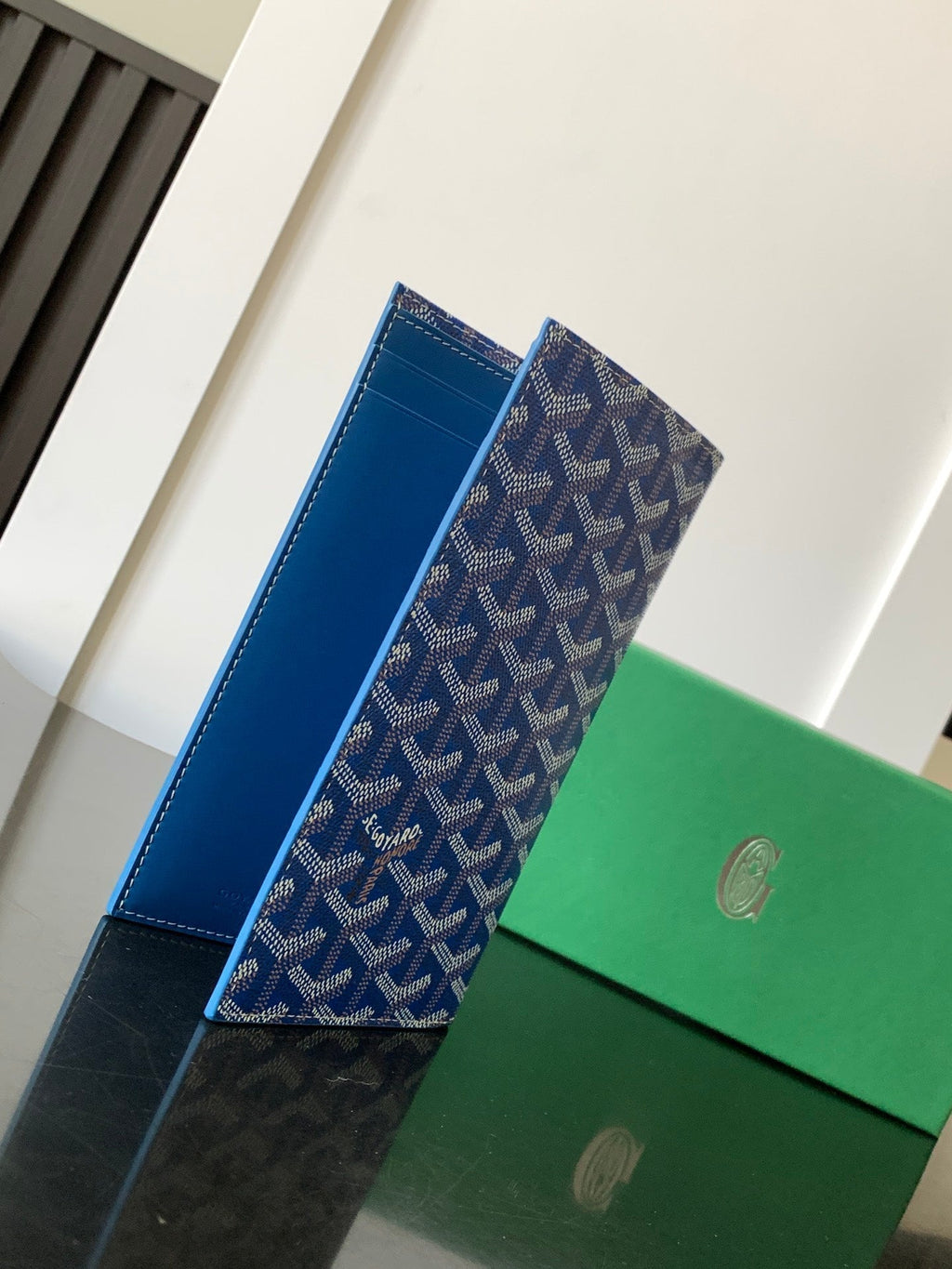 Goyard Richelieu Checkbook Wallet 19 in Sapphire Blue Goyardine Canvas and Calfskin