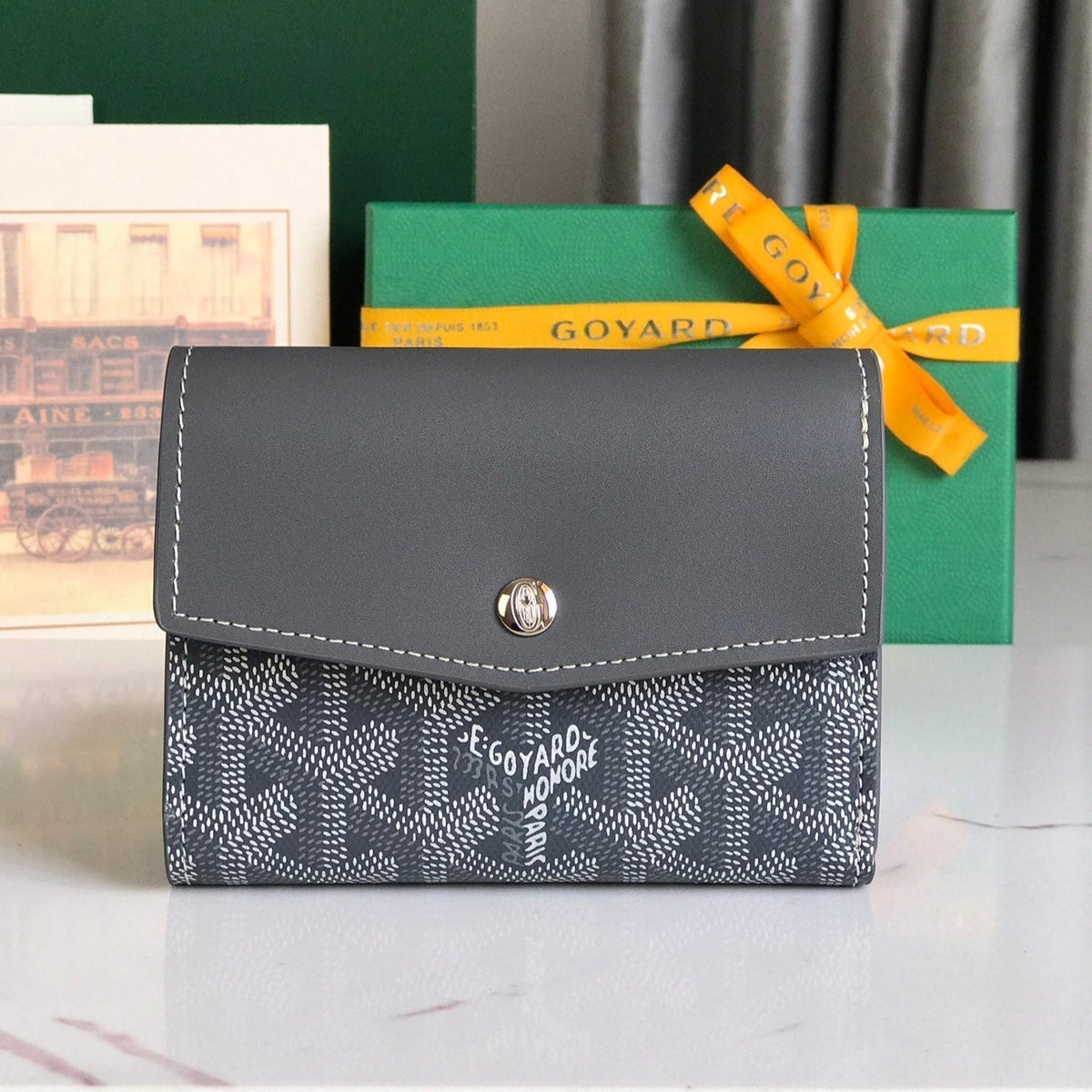 Goyard Saint-Gabriel Wallet 12 in Gray Calfskin and Goyardine Canvas