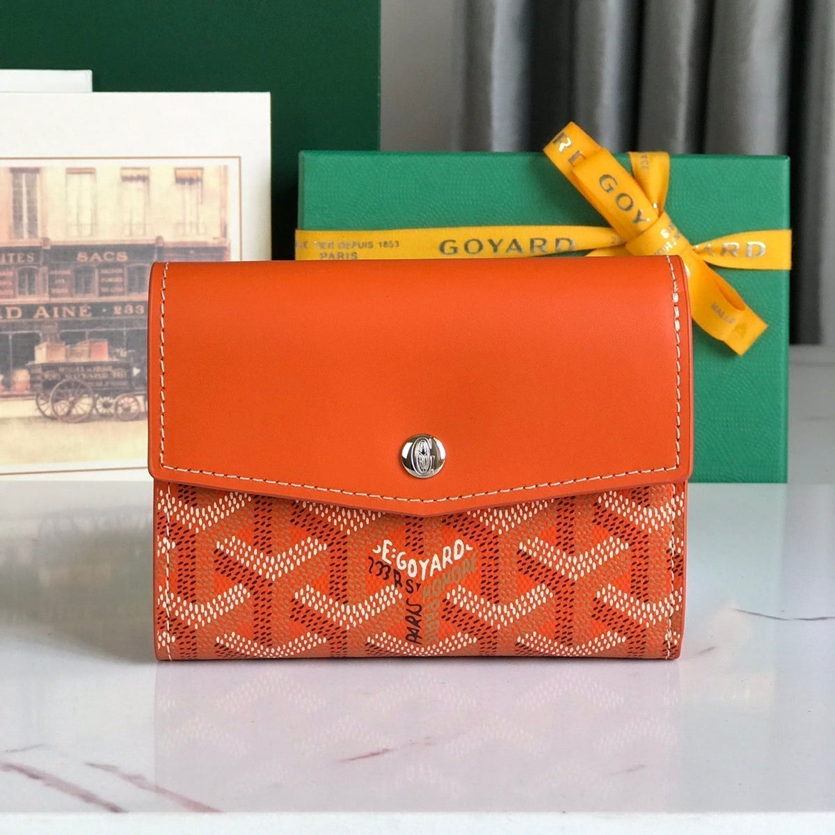 Goyard Saint-Gabriel Wallet 12 in Orange Calfskin and Goyardine Canvas